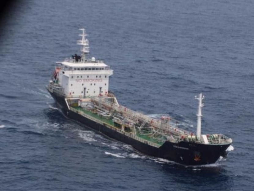 File picture shows the MT Orkim Harmony tanker under surveillance and being photographed from a RMN’s Super Lynx helicopter. Photo: The Malay Mail Online