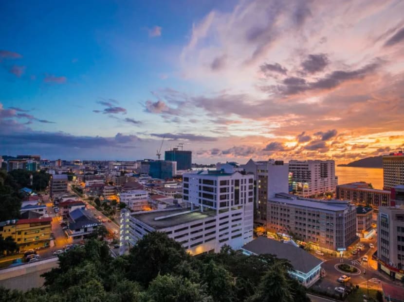 Commercial buildings stand in the central business district of Kota Kinabalu, Sabah on Sept 23, 2020.