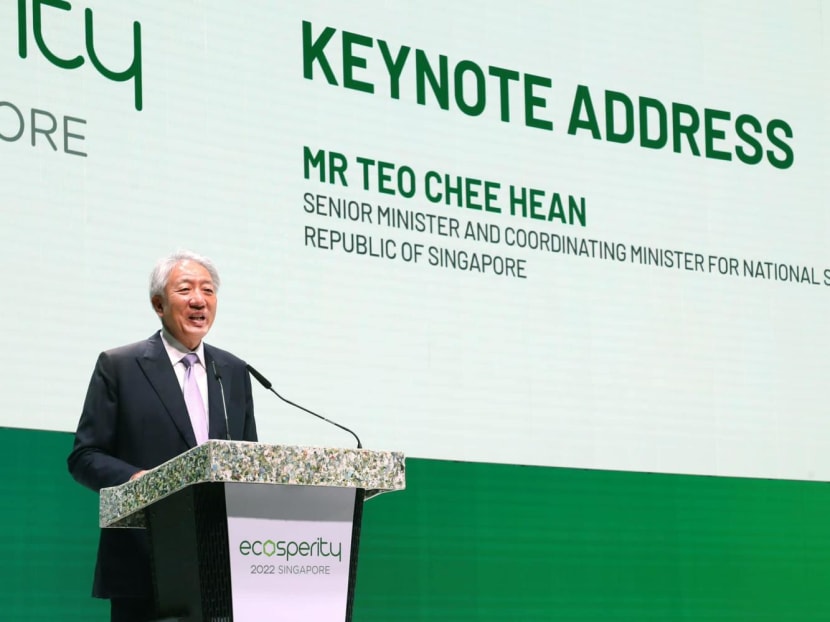 Senior Minister and Coordinating Minister for National Security Teo Chee Hean giving a speech at the sustainability conference Ecosperity Week on June 7, 2022.