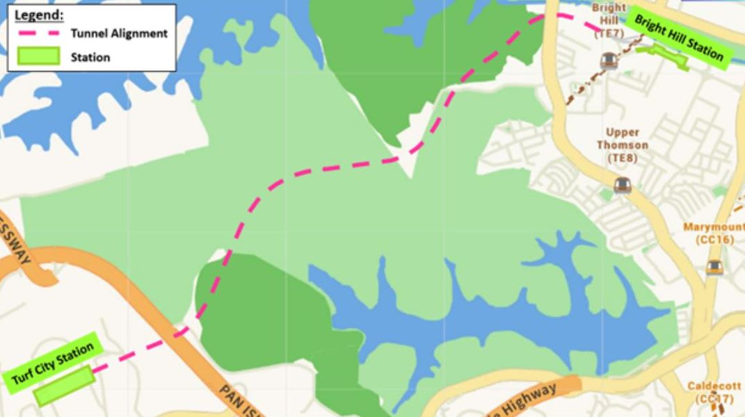 A map of the planned tunnel between the upcoming Turf City and Bright Hill MRT stations on the Cross Island Line. A map of the planned tunnel between the upcoming Turf City and Bright Hill MRT stations on the Cross Island Line.