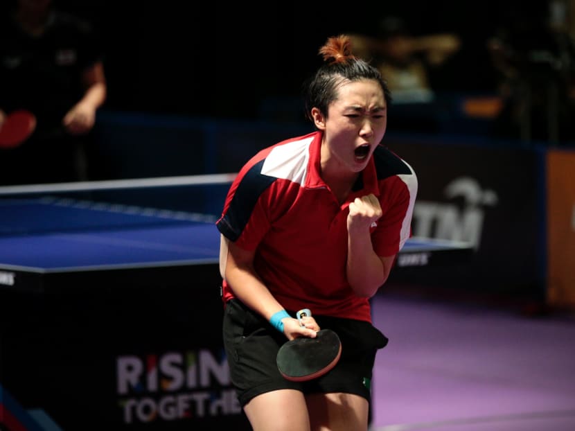Feng Tian Wei celebrates during her SEA Games table tennis women's singles semi-final match on August 22, 2017. Photo: Jason Quah/TODAY