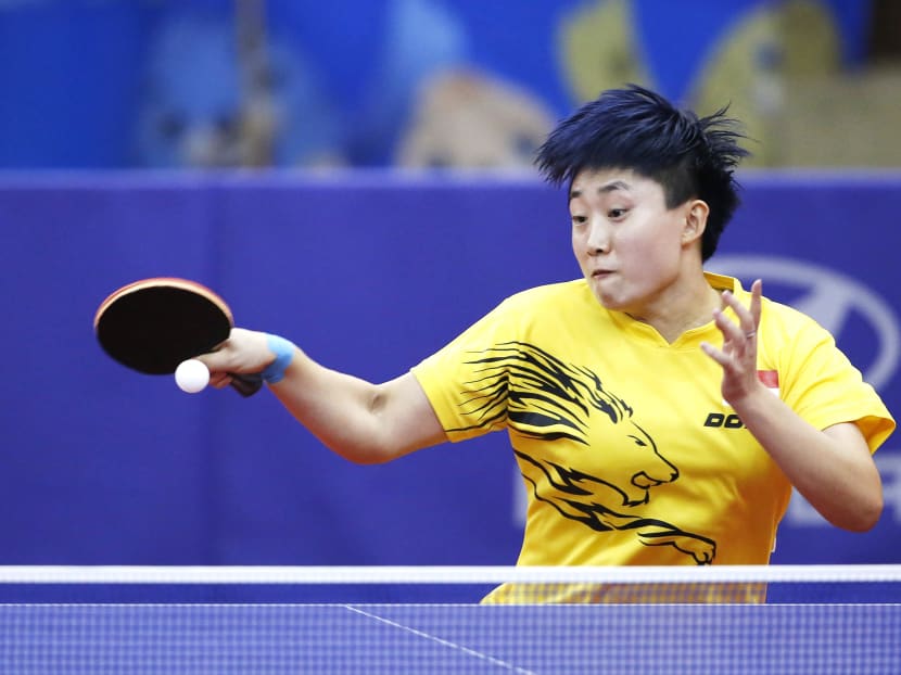 Feng Tianwei during the women’s team semi-final match against Japan yesterday. Photo: Sport Singapore