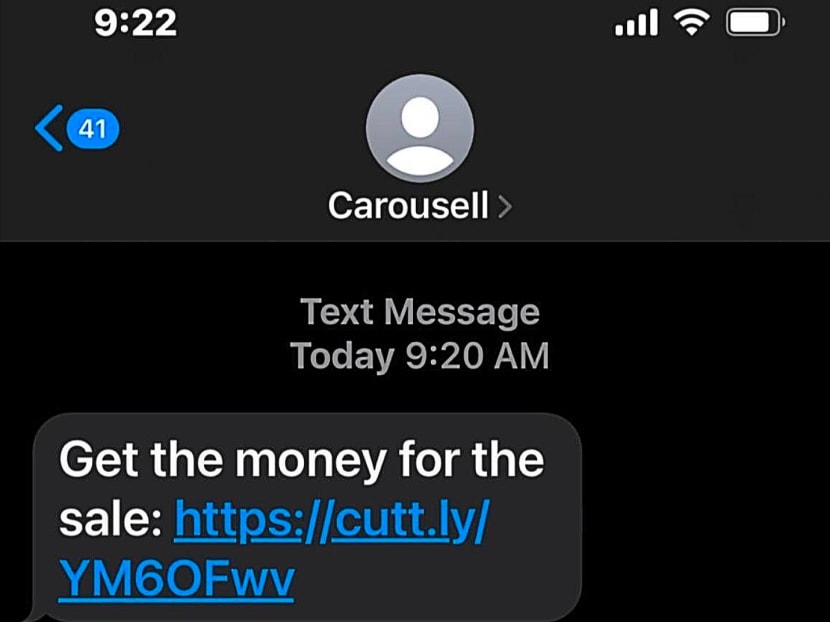 A screenshot of an SMS sent to a mobile phone that carries a link used as part of a scam.