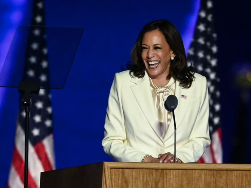 US vice president-elect Kamala Harris delivers remarks in Wilmington, Delaware, on Nov 7, 2020, after being declared the winner with Mr Joe Biden of the presidential election.