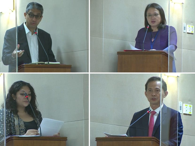 (Clockwise from top left:) The Workers' Party's (WP) Mr Leon Perera and Ms Silvia Lim, Progress Singapore Party's Mr Leong Mun Wai and WP's Ms Raeesah Khan, who all spoke in Parliament on Sept 1, 2020.