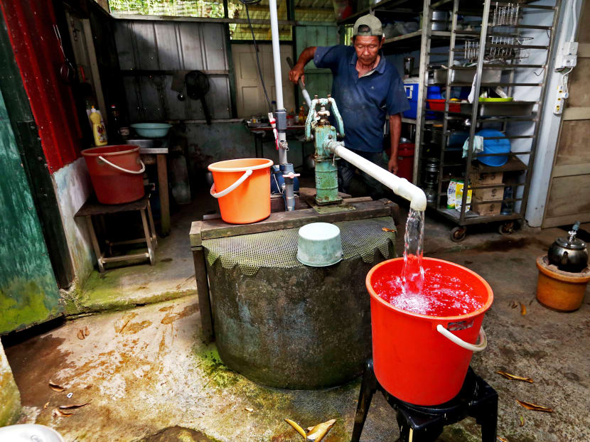 Crab catcher Quek Kim Kiang demonstrating how water is drawn from the well by his home at Pulau Ubin. Photo: Ooi Boon Keong/TODAY