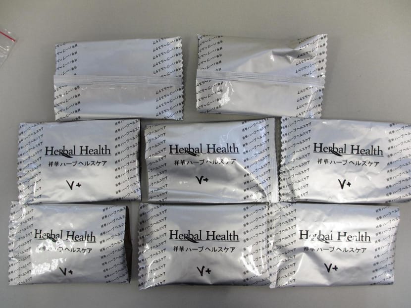 Herbal Health V+ was found to contain tadalafil and sildenafil as undeclared ingredients. Tadalafil and sildenafil are used to treat erectile dysfunction. Photo: Health Sciences Authority
