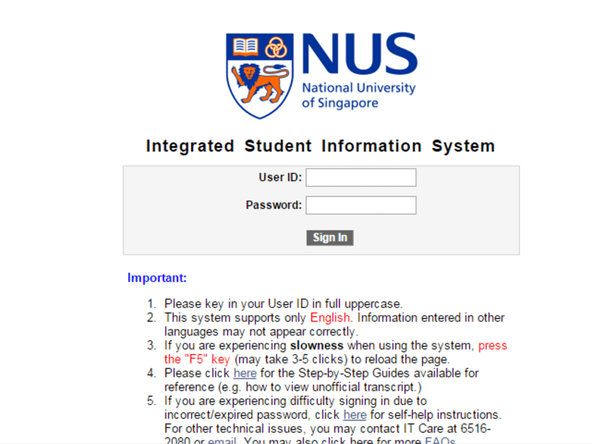Screenshot of the NUS Integrated Student Information System website.