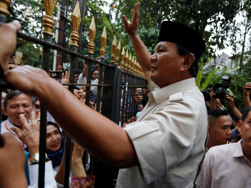 Indonesian presidential candidate Prabowo Subianto waving to his supporters on Thursday after declaring victory in the election.