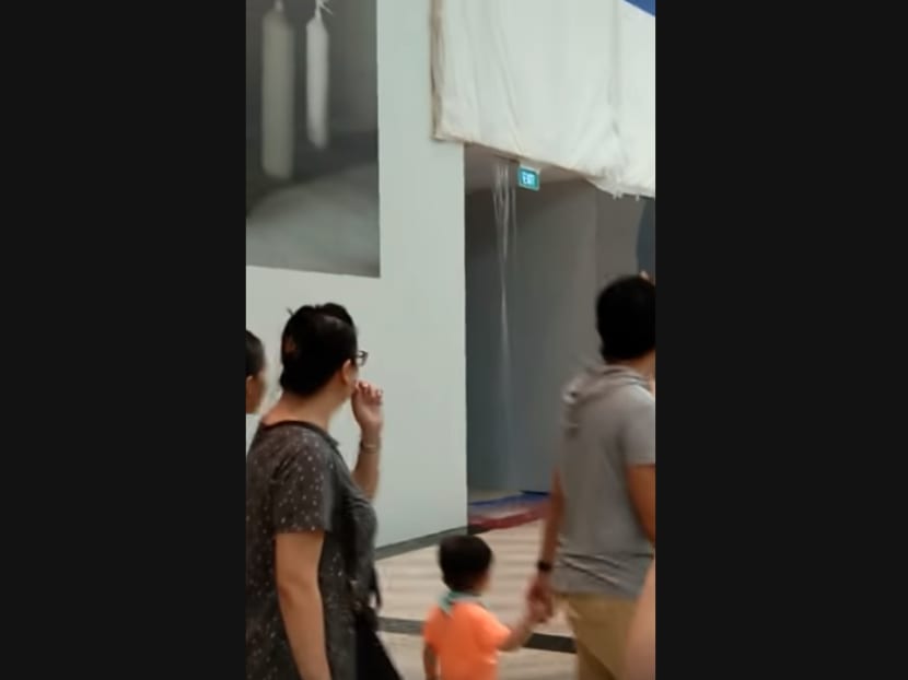 A YouTube screengrab showing the water leak at Jewel Changi Airport.