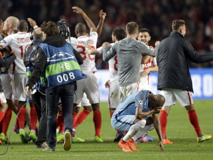 Manchester City's Fernandinho reacts at the end of a Champions League round of 16 second leg soccer match between Monaco and Manchester City at the Louis II stadium in Monaco, Wednesday March 15,  2017. Midfielder Tiemoue Bakayoko's thumping header sent Monaco through to the Champions League quarterfinals as the home side beat Manchester City 3-1 on Wednesday to progress on the away goals rule in another pulsating match between two attack-minded sides. Photo: AP