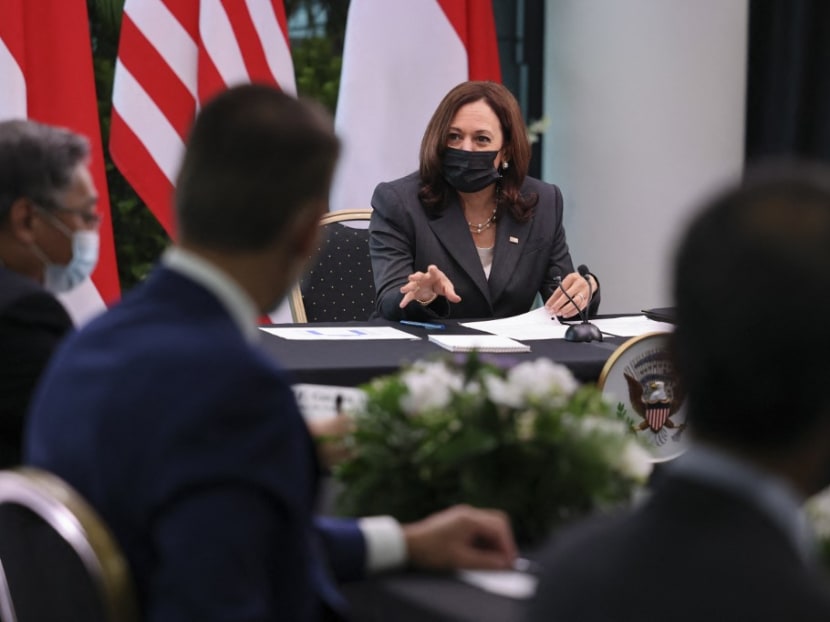US vice-president Kamala Harris takes part in a roundtable at Gardens by the Bay in Singapore on Aug 24, 2021.