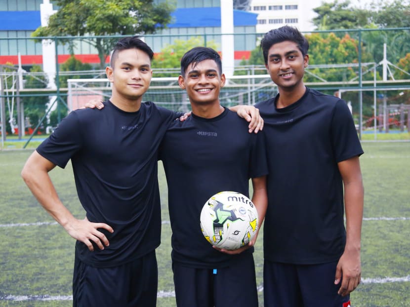 (From left) Ariyan Malik, Saifullah Akbar and Gautam Selvamany are excited that they have been given a chance to play for the Stags in tonight’s semi-final against Albirex Niigata at Jurong East Stadium. Photo: Ernest Chua