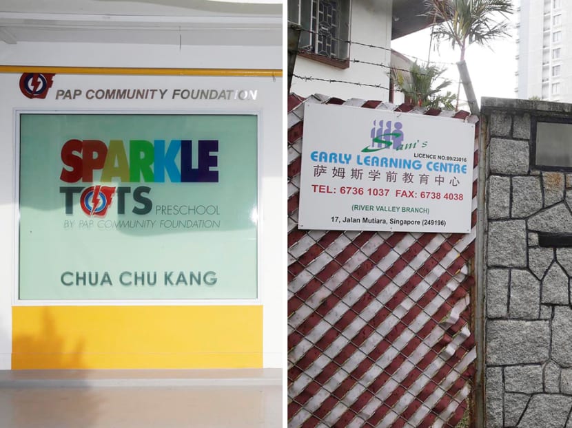 A teacher at preschool Sparkletots (left) allegedly mishandled an 18-month-old boy. In another case, a pre-school at Jalan Mutiara in River Valley is being investigated for unhygienic practices. Photo: Wee Teck Hian