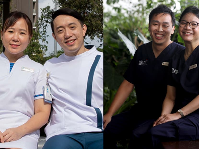 Mr Joel Quek and wife Faith Hor (left), and Dr Lionel Lum and Dr Pearl Tong (right), talked about their experiences of working in healthcare and how they tackled the stresses that could spill into their relationship as a married couple.