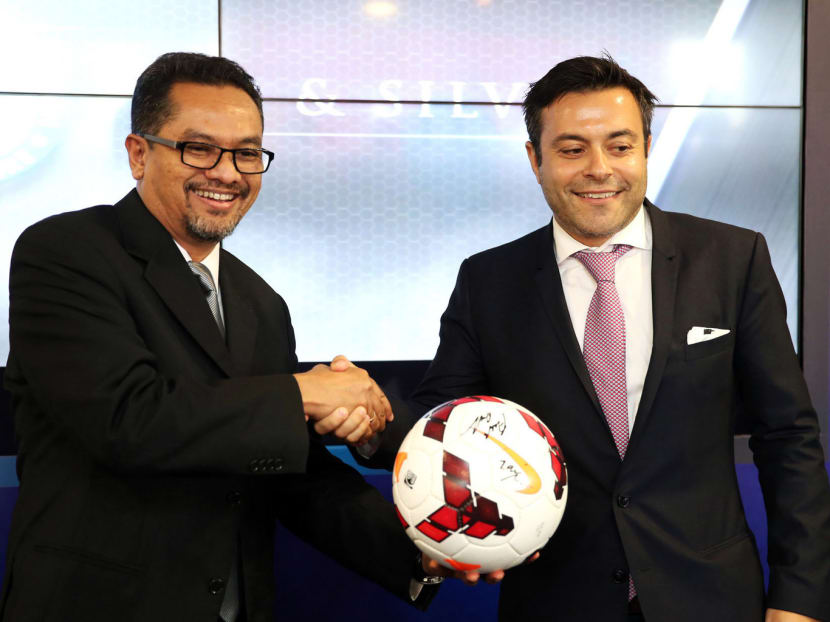 Football Association of Singapore (FAS) president Zainudin Nordin and MP & Silva founding partner Andrea Radrizzani at the FAS and MP & Silva partnership press conference yesterday (Feb 2). Photo: Wee Teck Hian
