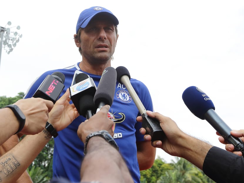 Antonio Conte giving a door stop interview during Chelsea's training session at Singapore American School on Friday morning (July 28). Photo: Getty Images