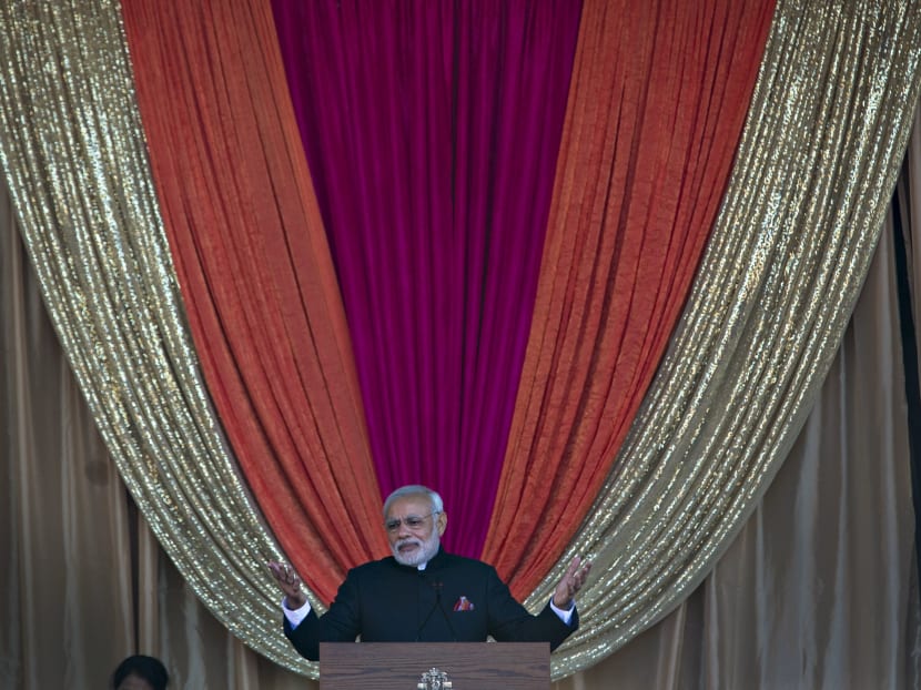 India's Prime Minister Narendra Modi addresses supporters while visiting the Laxmi Narayan Temple in Surrey, British Columbia April 16, 2015. Modi is on a three-day visit to Canada. Photo: Reuters
