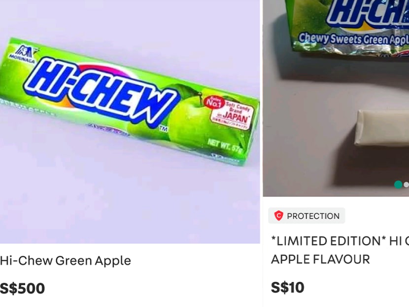 Listings on Carousell show Hi-Chew candy in green apple flavour being sold for as high as S$500 for an unopened pack of 12.