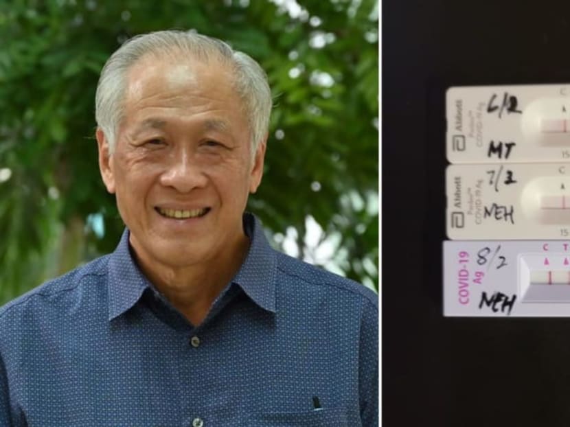 Defence Minister Ng Eng Hen (left) detailed his experience as a Covid-19 patient on Facebook, including monitoring his antigen rapid test results (right).