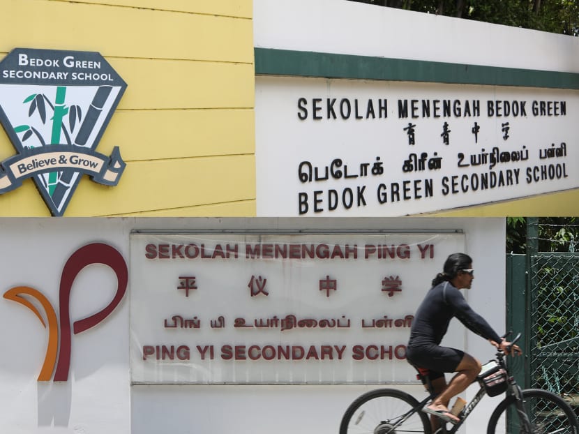 A composite photo of Bedok Green Secondary School and Ping Yi Secondary School. Four pairs of primary schools and five pairs of secondary schools will merge from 2022 to 2024. A composite photo of Bedok Green Secondary School and Ping Yi Secondary School. Four pairs of primary schools and five pairs of secondary schools will merge from 2022 to 2024.