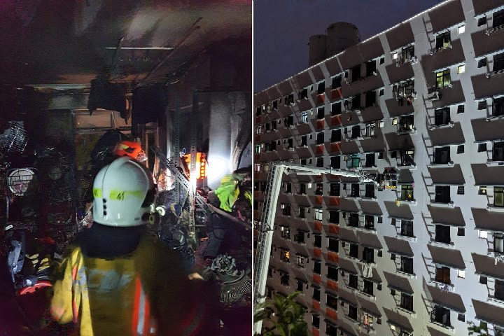 Firefighters conducted an aerial rescue of two men who were found standing on the ledge outside a 13th-storey flat's kitchen window. A woman was also rescued from a toilet in the flat. Firefighters conducted an aerial rescue of two men who were found standing on the ledge outside a 13th-storey flat's kitchen window. A woman was also rescued from a toilet in the flat.