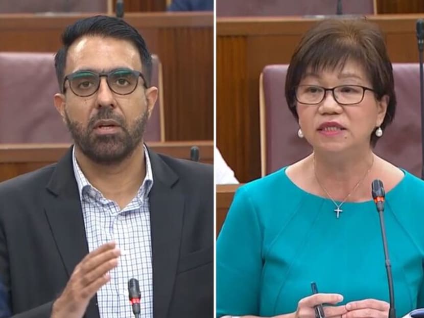 Leader of the Opposition Pritam Singh (left) and Member of Parliament Denise Chua speaking in Parliament on Feb 25, 2021.