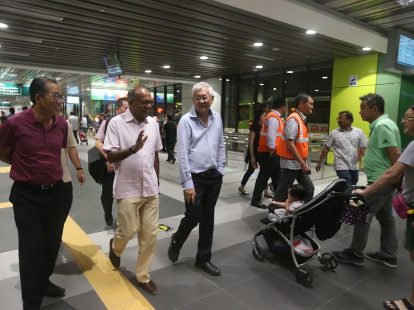 Law and Home Affairs Minister K Shanmugam (second from left) visiting Yishun Integrated Transport Hub on Sept 13, 2019.