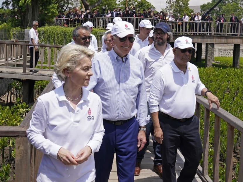 European Union President Ursula von der Leyen (L) and United States (US) President Joe Biden (2nd L) join others to plant a ceremonial tree at the Taman Hutan Raya Ngurah Rai Mangrove Forest, on the sidelines of the G20 summit meeting in Nusa Dua, on the Indonesian resort island of Bali on Nov 16, 2022.
European Union President Ursula von der Leyen (L) and United States (US) President Joe Biden (2nd L) join others to plant a ceremonial tree at the Taman Hutan Raya Ngurah Rai Mangrove Forest, on the sidelines of the G20 summit meeting in Nusa Dua, on the Indonesian resort island of Bali on Nov 16, 2022.