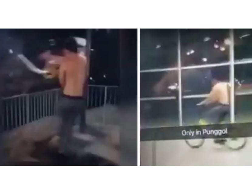 Still image taken from video shows a man throwing a shared-bicycle into a canal at Punggol, and the same man riding another shared bicycle within Punggol MRT. Photo: Social media