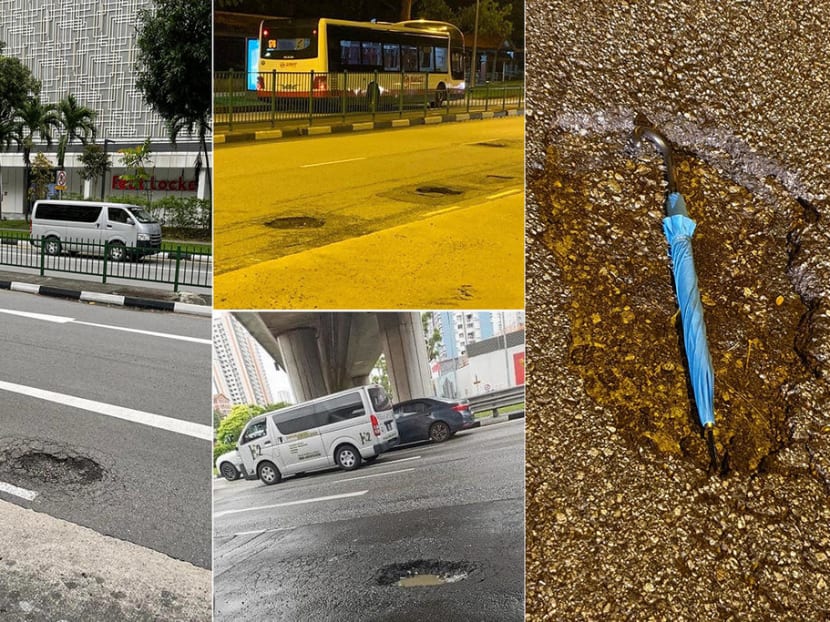 Photographs of potholes at various locations around Singapore posted on social media, including one that shows a full-sized umbrella in one large pothole.