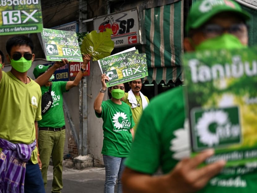 This photograph taken on April 30, 2023 shows Green Party supporters taking part in an election campaign event in Bangkok. 