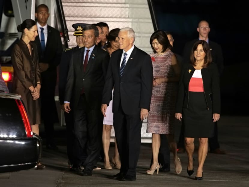 Photo of the day: US Vice President Mike Pence and his wife Karen Pence are welcomed by Mr Vivian Balakrishnan, Minister for Foreign Affairs, and his wife Joy Balakrishnan at Paya Lebar Air Base on Nov 13, 2018. Mr Pence's Official Visit to Singapore from Nov 13 to 16, is in conjunction with his attendance at the 6th ASEAN-US Summit and 13th East Asia Summit.