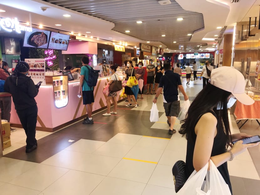 The queue at bubble tea shop I Love Taimei in Bugis Junction mall on April 22, 2020. The queue at bubble tea shop I Love Taimei in Bugis Junction mall on April 22, 2020.