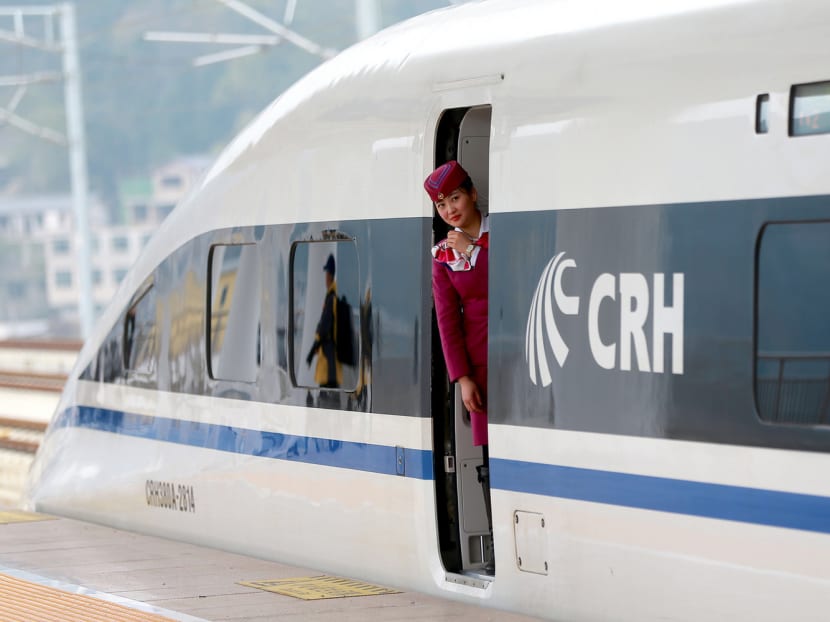 A high-speed railway train linking Shanghai and Kunming in China. State-owned railway operator CRC has a S$880 billion debt from building the nation’s high-speed-rail network. Photo: Reuters
