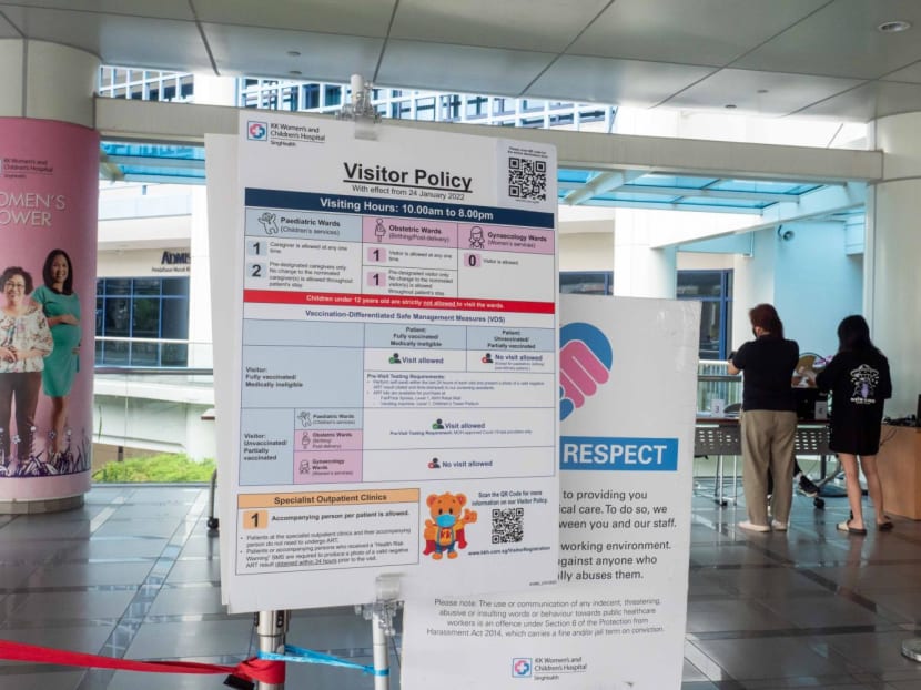 A signage put up at KK Women’s and Children’s Hospital on Feb 24, 2022 regarding its visitor policy during the Covid-19 pandemic.