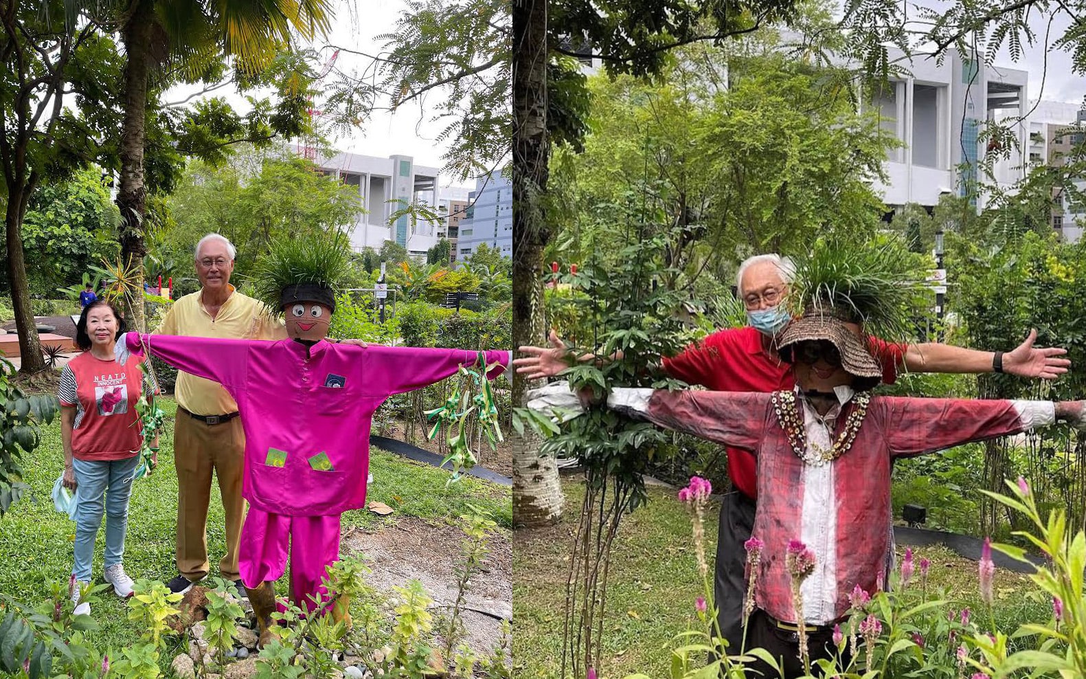 Mr Goh Chok Tong and his wife posing for a picture with a scarecrow at Hort Park on May 2, 2022 (left), after he noticed that the scarecrow had a change in attire from the one in January 2022 (right). Mr Goh Chok Tong and his wife posing for a picture with a scarecrow at Hort Park on May 2, 2022 (left), after he noticed that the scarecrow had a change in attire from the one in January 2022 (right).