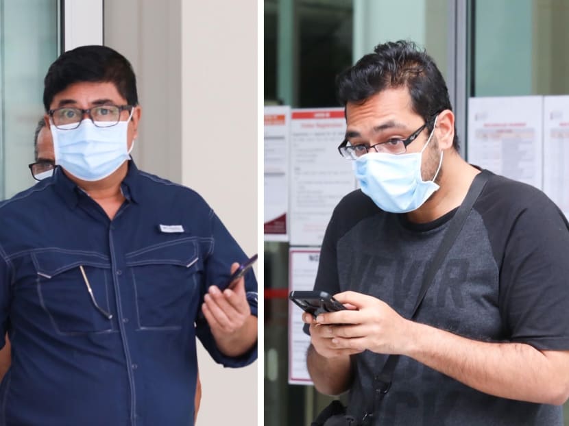 Zahari Samat (left) and Quresh Singh Sandhu outside the State Courts on May 13, 2020. Zahari Samat (left) and Quresh Singh Sandhu outside the State Courts on May 13, 2020.