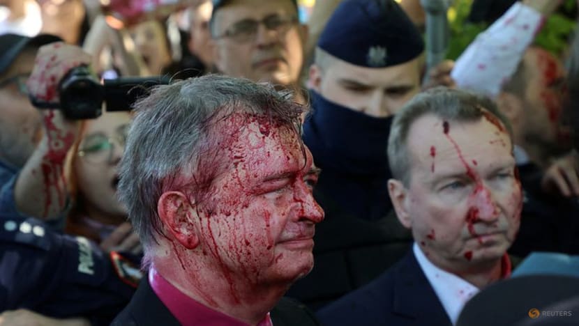 Russian envoy to Poland doused in red by anti-war protesters