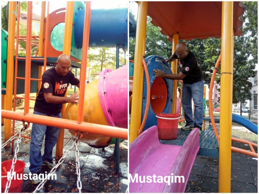 Mr Mustaqim Kumar Abdullah Sooria scrubbed down the playground in a local park at section U8, Bukit Jelutong.