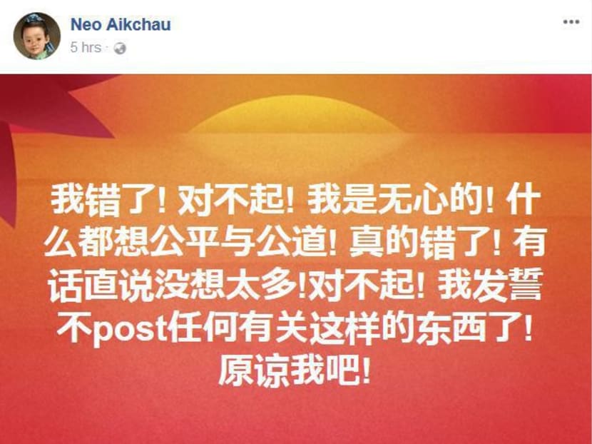 A screen capture of Mr Neo Aik Chau's public apology on his Facebook page. Photo: Facebook