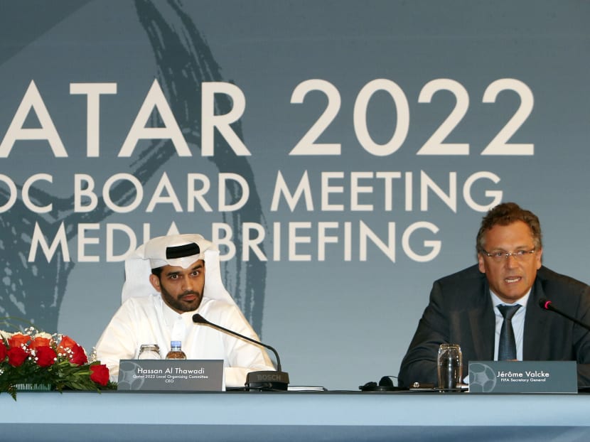Nasser Al Khater Qatar 2022 Local Organising Committee Deputy CEO, left, Hassan Al Thawadi, head of the Qatar 2022 World Cup organising committee, center, and FIFA Secretary General Jerome Valcke give a press conference, in Doha, Wednesday, Feb 25, 2015. Photo: AP