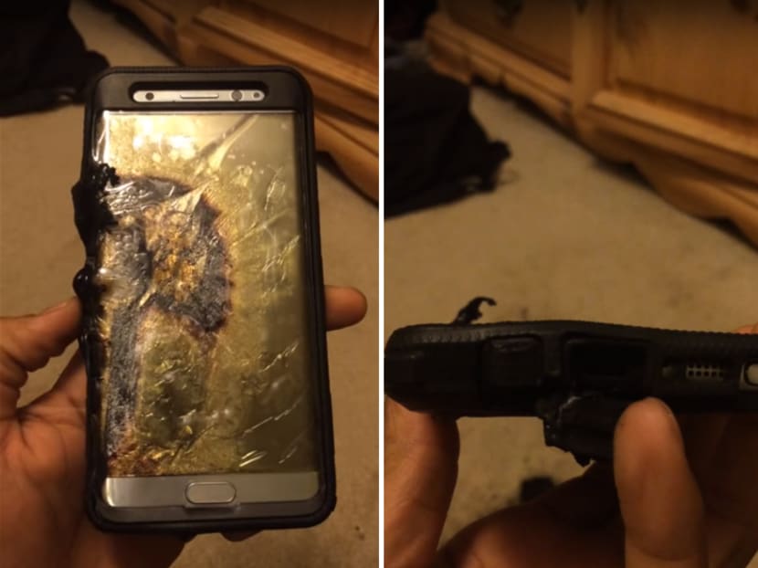 Screen captures from a video taken of an allegedly burnt Samsung Galaxy Note7 on Aug 29, 2016. Source: Ariel Gonzalez/YouTube