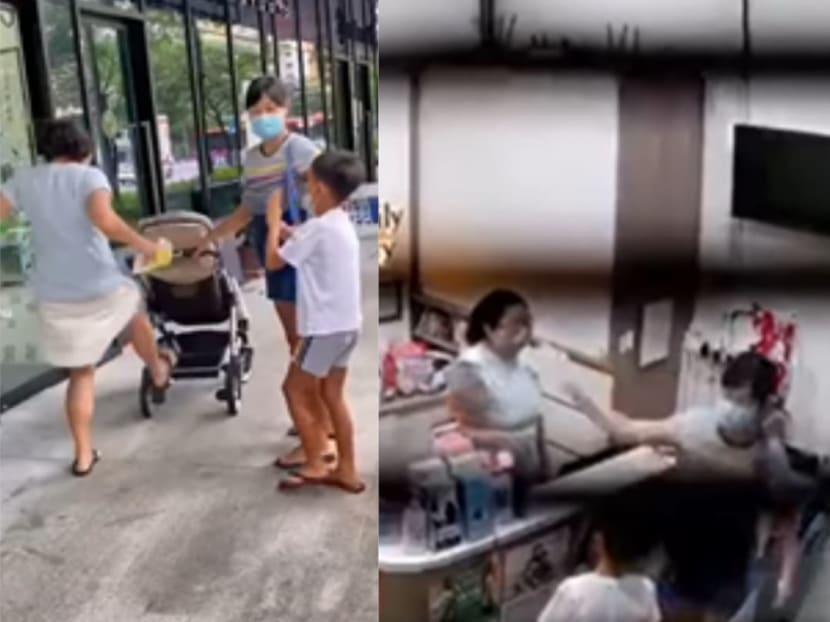 Screenshots of a video showing an Everhealth clinic staff member kicking a pram outside the clinic (left), and of a woman arguing with the staff member at the clinic's reception area (right). Screenshots of a video showing an Everhealth clinic staff member kicking a pram outside the clinic (left), and of a woman arguing with the staff member at the clinic's reception area (right).