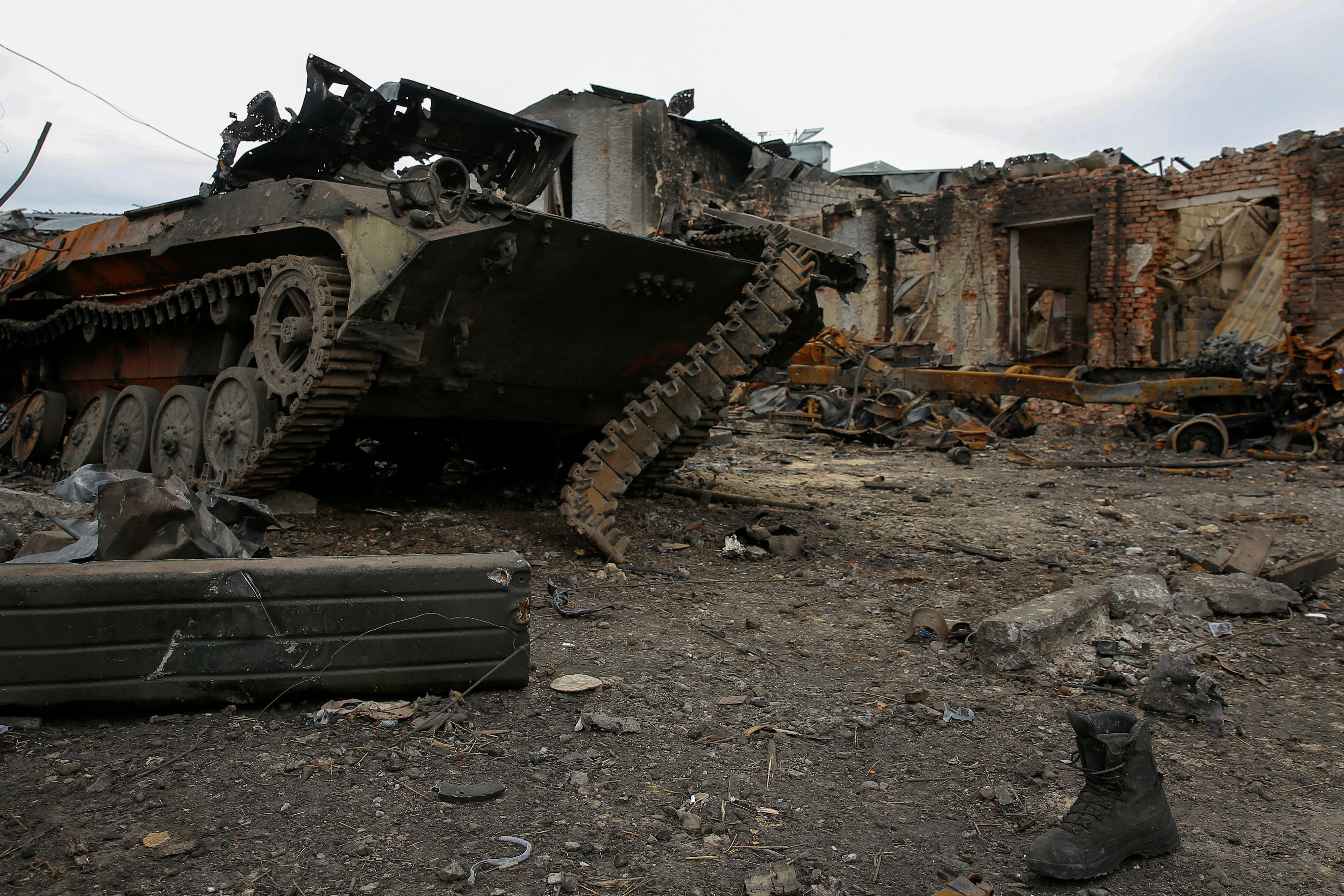 A destroyed Russian armoured fighting vehicle is seen amid Russia’s attack on Ukraine continues, in the town of Trostianets, in Sumy region, Ukraine March 28, 2022. 
