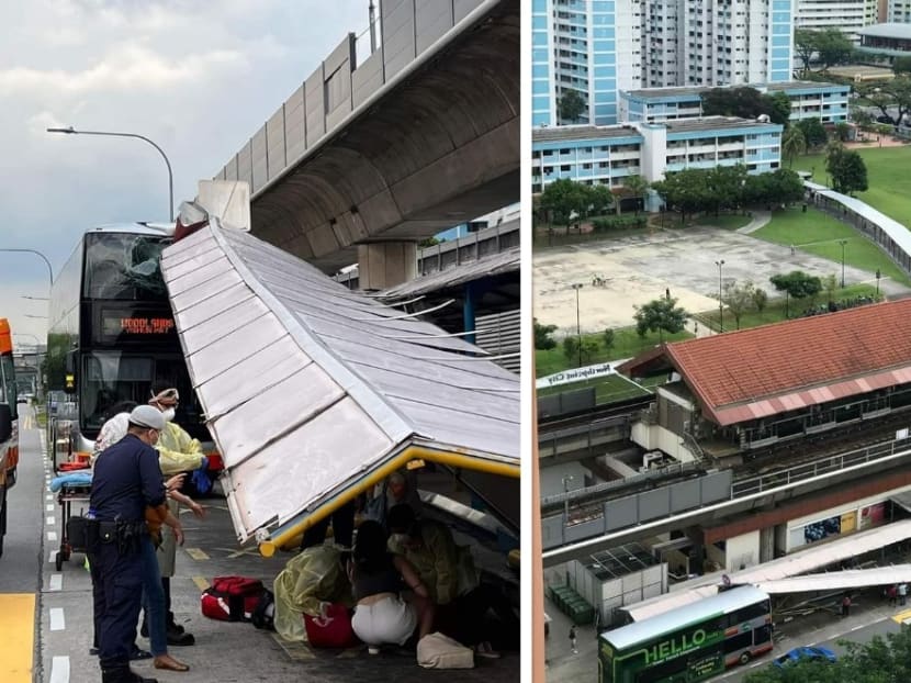 A passenger bus crashed into a taxi bay near Yishun MRT station on Nov 6, 2021 and the covered walkway to the bay partially collapsed, said the Singapore Civil Defence Force.