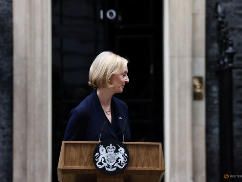British Prime Minister Liz Truss announces her resignation outside Number 10 Downing Street, London, Britain, Oct 20, 2022. British Prime Minister Liz Truss announces her resignation outside Number 10 Downing Street, London, Britain, Oct 20, 2022.