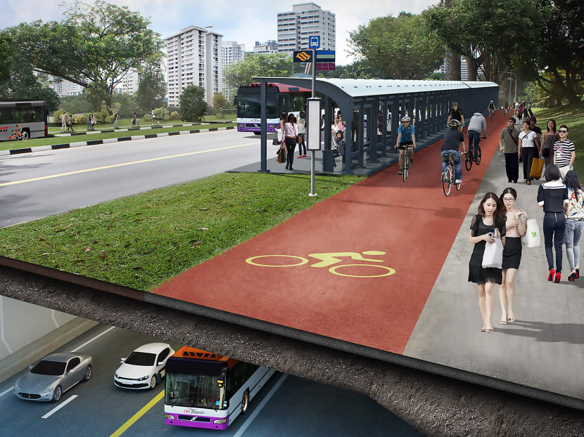 LTA will redesign the North-South Expressway to create a North-South Corridor with dedicated bus lanes and cycling and walking paths. Illustration: LTA