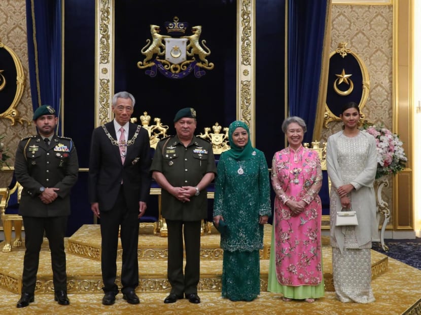 Prime Minister Lee Hsien Loong and Mdm Ho Ching at the Johore State Award Investiture Ceremony on May 6, 2022, with the Sultan of Johor, Sultan Ibrahim Ibni Almarhum Sultan Iskandar, and his wife, Raja Zarith Sofiah, the Johor crown prince Tunku Ismail Sultan Ibrahim and his wife Che’ Puan Besar Khaleeda.
