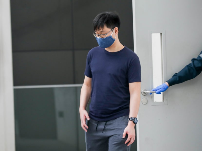Marcus Phua Xie Yi leaving the State Courts on May 6, 2021. He was jailed 15 weeks after pleading guilty to 15 counts of insulting a woman’s modesty.